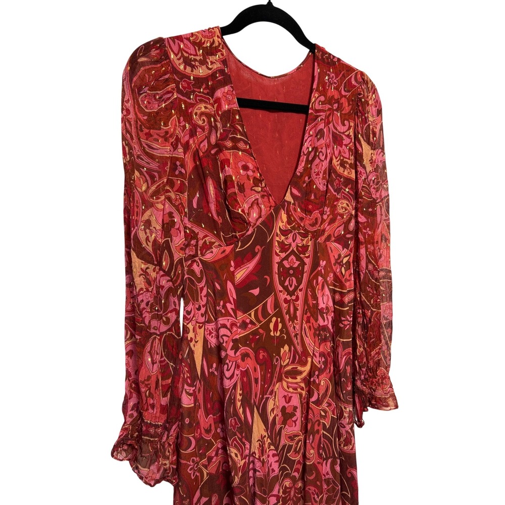 Bohemian Silk Midi Dress Red Grace Paisley Berry Gold Accents Size Small